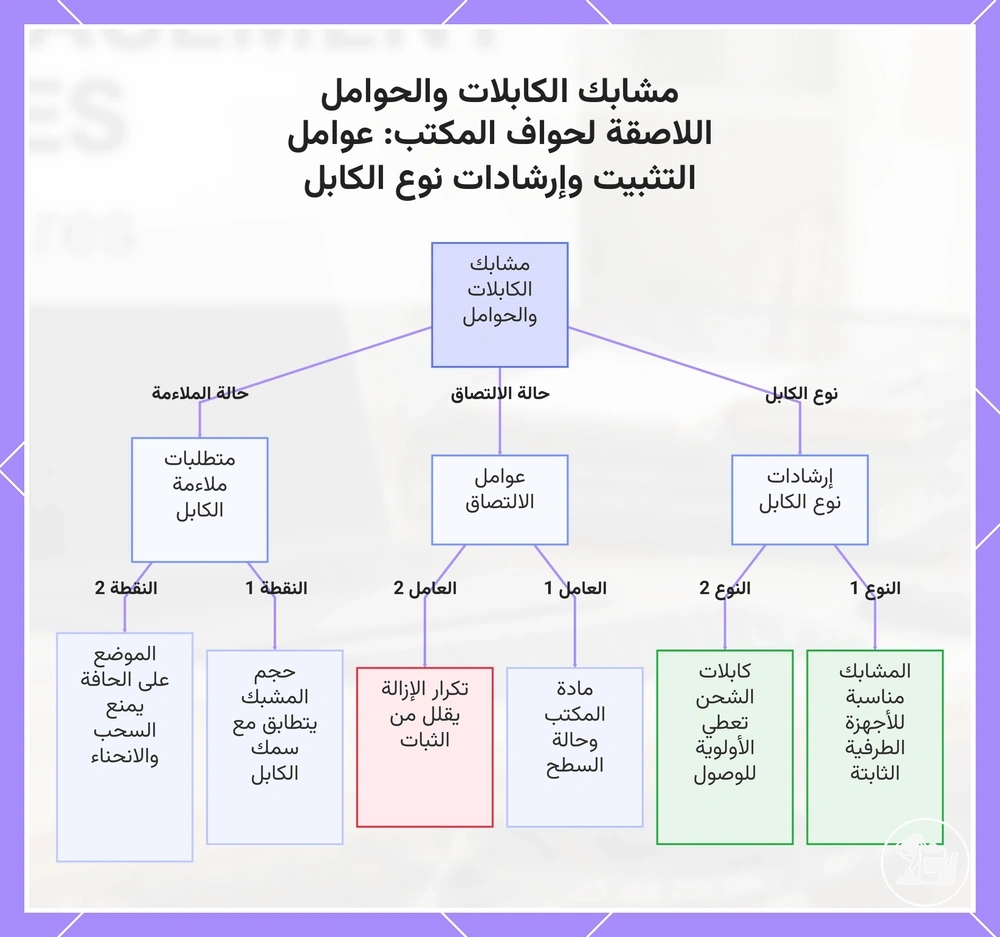مشابك الكابلات والحوامل اللاصقة لحواف المكتب: عوامل التثبيت وإرشادات نوع الكابل