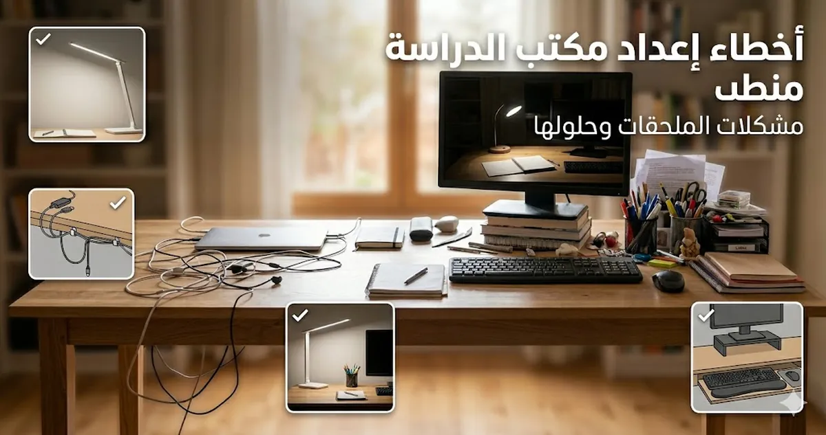 أخطاء شائعة في ملحقات مكتب الدراسة تظهر في كابلات مبعثرة وإضاءة ضعيفة وتخزين مزدحم