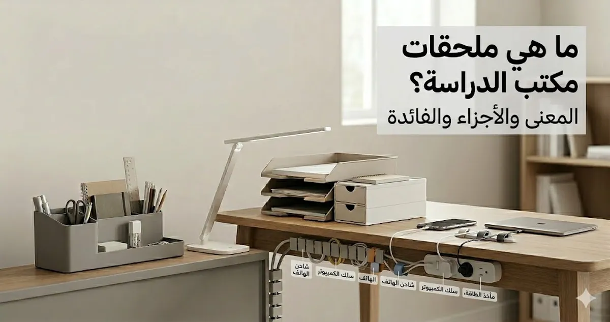 ملحقات أساسية لمكتب الدراسة تضم منظمات وإضاءة وتخزين وأدوات للتحكم بالكابلات