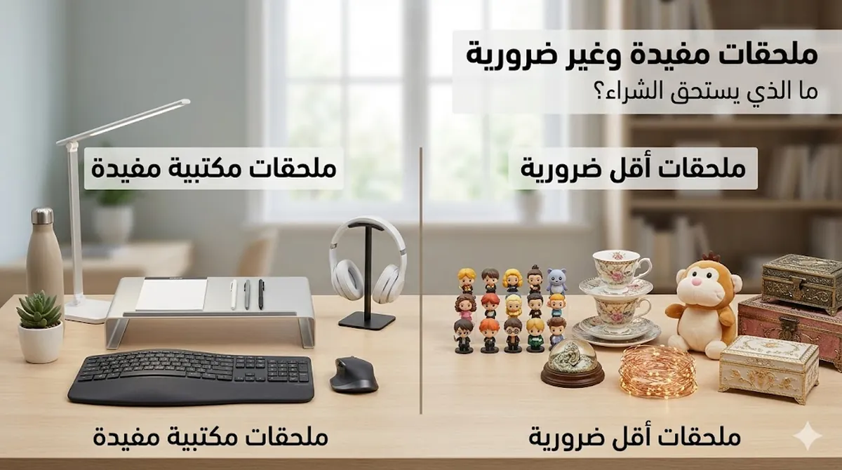 مقارنة بين ملحقات مكتب الدراسة المفيدة وغير الضرورية على سطح مكتب مرتب
