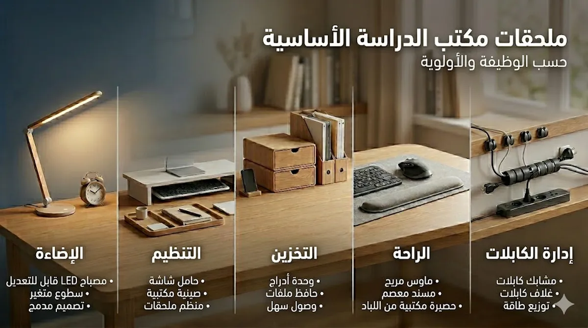 ملحقات مكتب الدراسة الأساسية مصنفة حسب الإضاءة والتنظيم والتخزين والراحة والتحكم بالكابلات