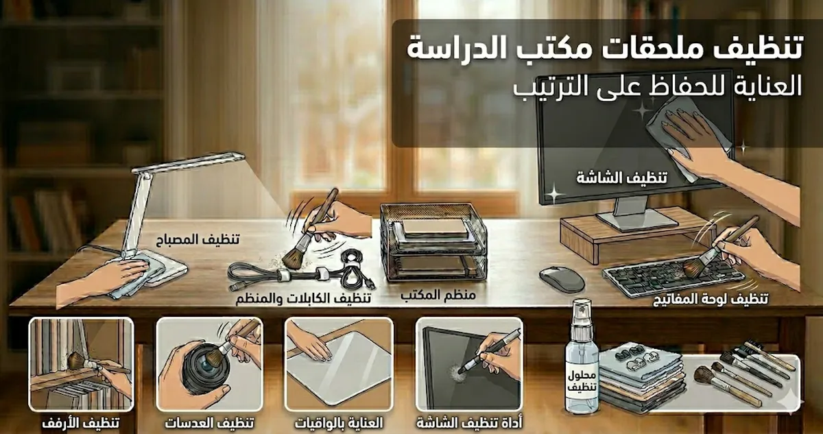 ملحقات مكتب الدراسة أثناء تنظيفها والعناية بها للحفاظ على ترتيب المكتب لفترة أطول