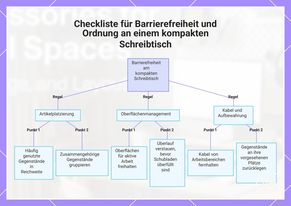 Checkliste für Barrierefreiheit und Ordnung an einem kompakten Schreibtisch