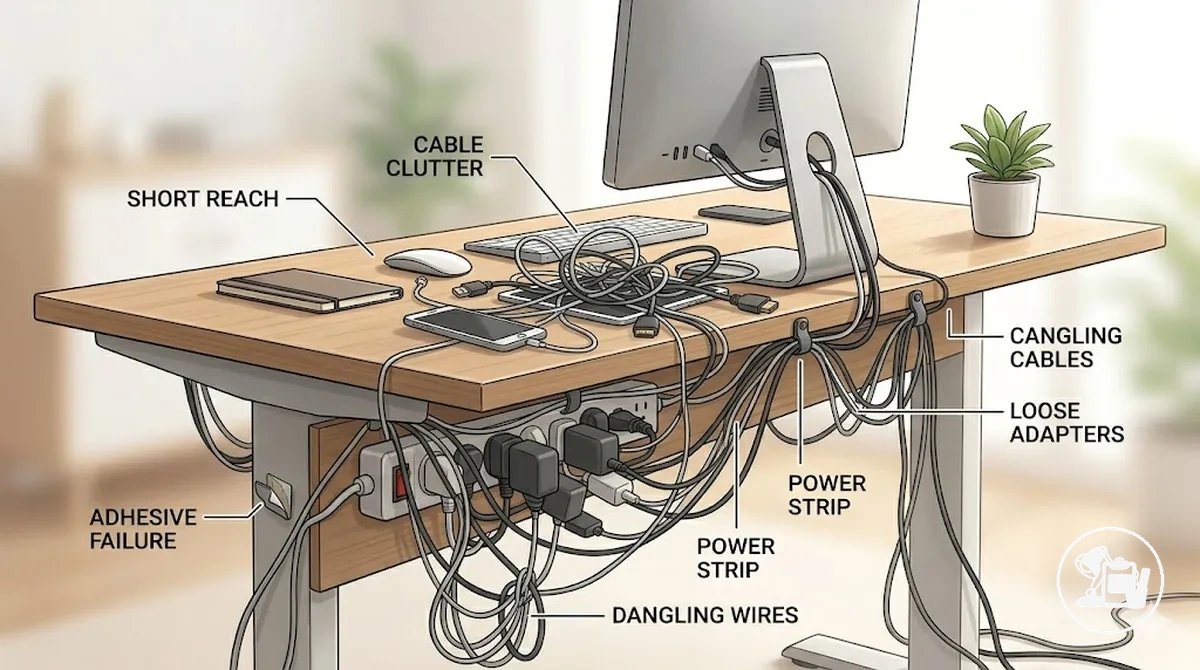 Illustration häufiger Kabelprobleme am Schreibtisch mit Darstellung von Kabelchaos, herunterhängenden Kabeln, kurzer Reichweite, losen Adaptern und Klebeversagen sowie empfohlenen Zubehörrichtungen