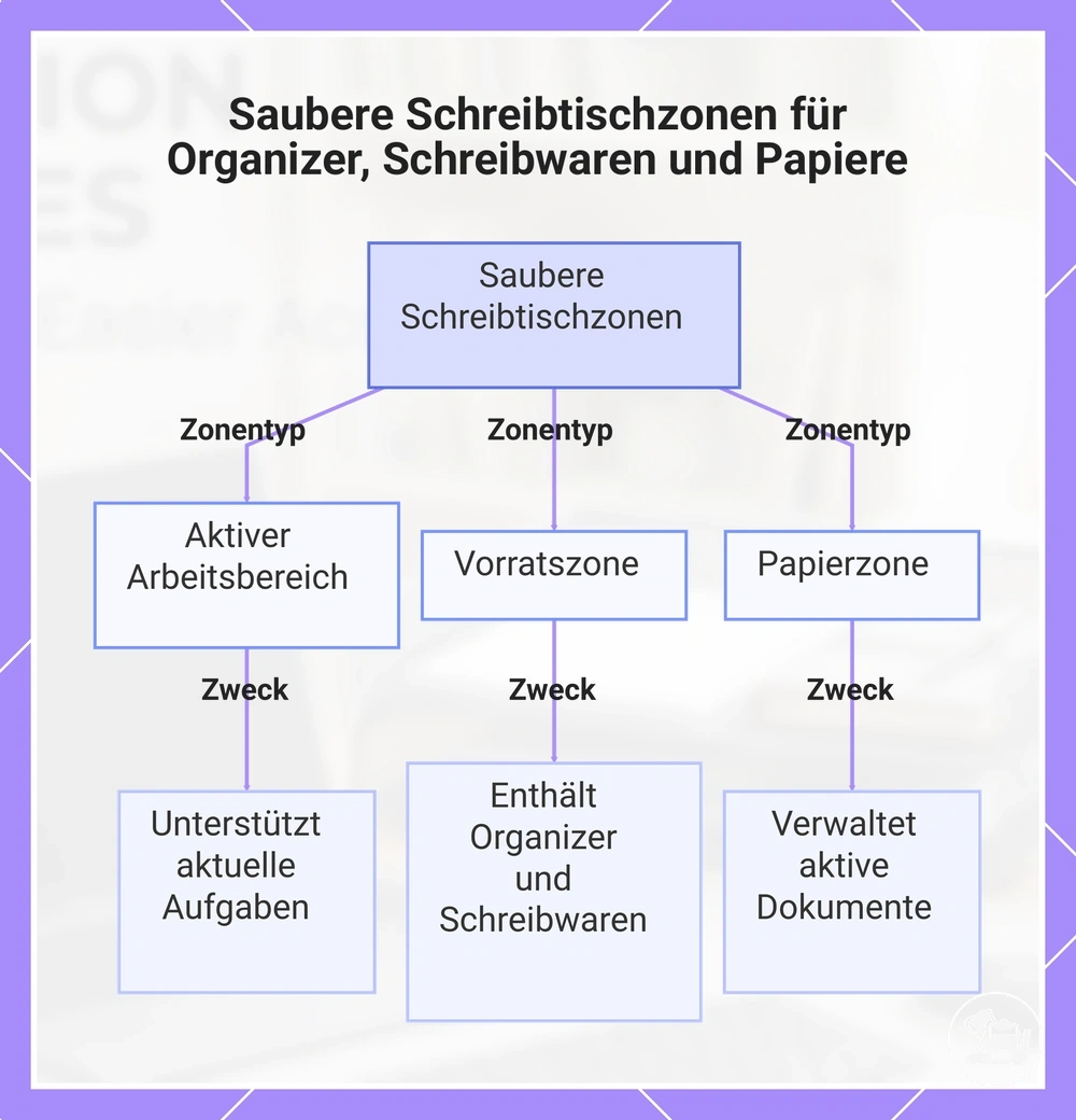 Saubere Schreibtischzonen für Organizer, Schreibwaren und Papiere
