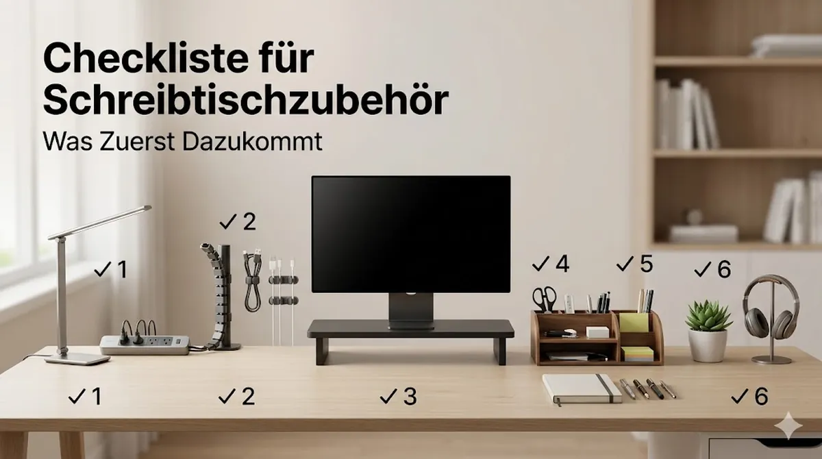 Checklistenartige Anordnung von Schreibtischzubehör fürs Lernen nach Priorität für einen funktionalen Arbeitsplatz