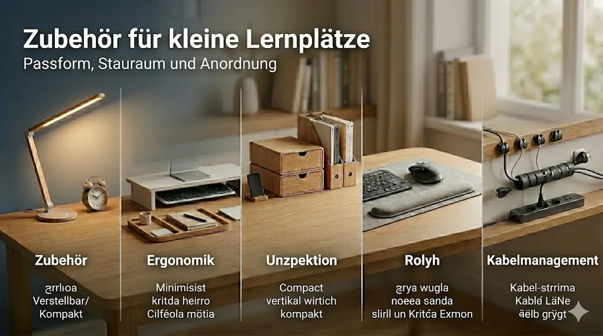 Kompaktes Schreibtischzubehör fürs Lernen in einem kleinen Arbeitsbereich mit Stauraum und Ordnung