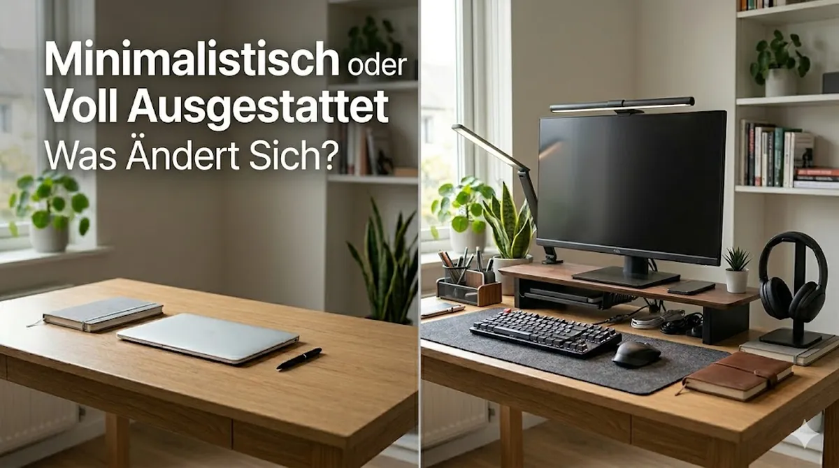Minimalistisches und voll ausgestattetes Schreibtischzubehör fürs Lernen in zwei verschiedenen Anordnungen verglichen