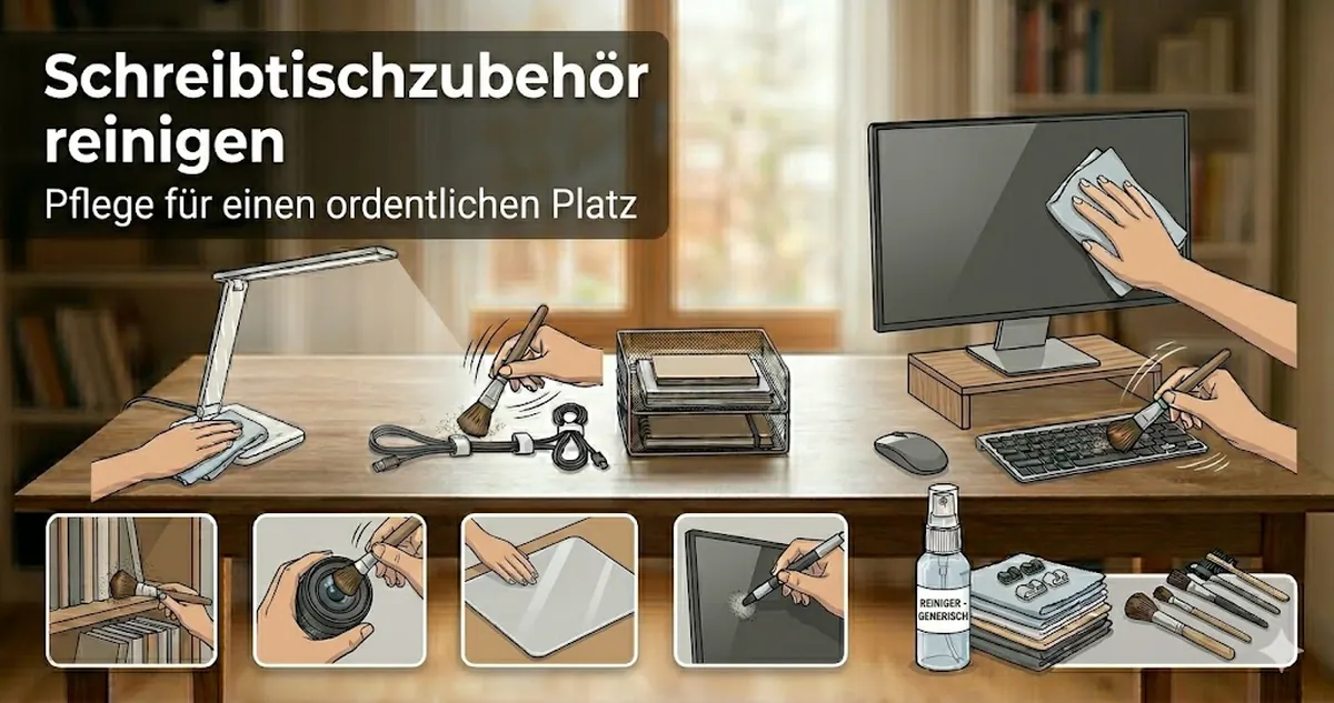Schreibtischzubehör fürs Lernen wird gereinigt und gepflegt, damit der Arbeitsplatz ordentlich bleibt