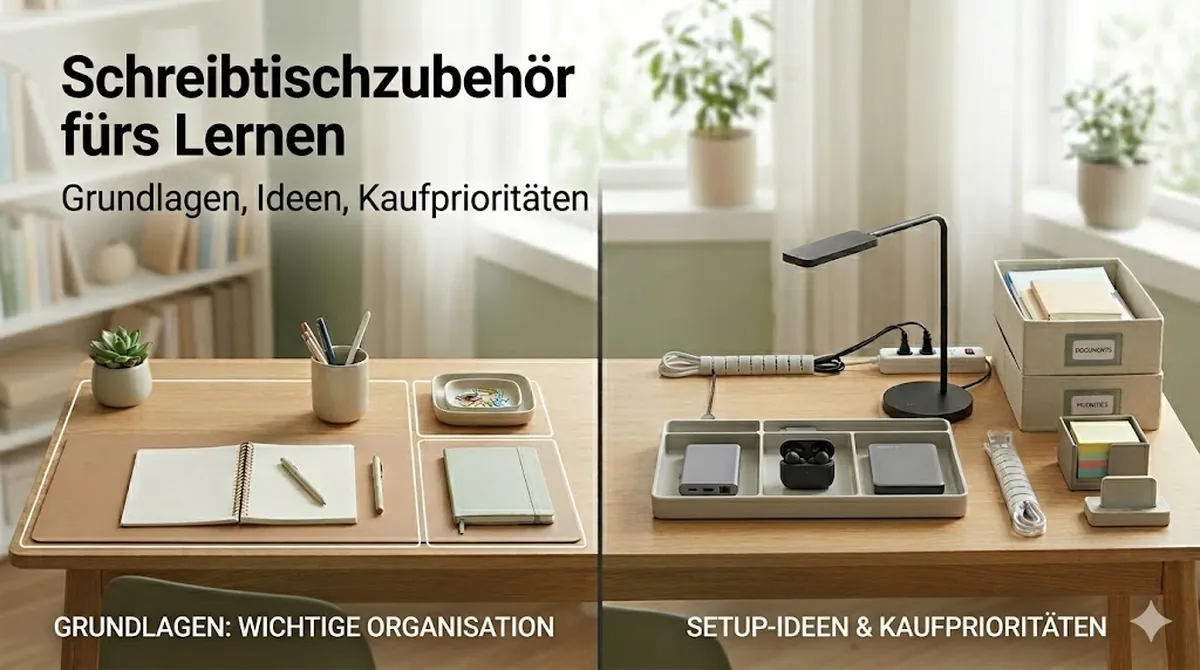 Geordnetes Schreibtischzubehör fürs Lernen für einen sauberen und funktionalen Arbeitsplatz