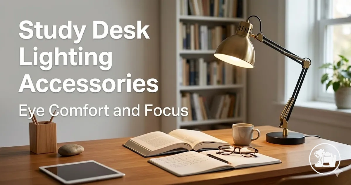 Study desk lighting accessories placed for reading, writing, eye comfort, and focused work