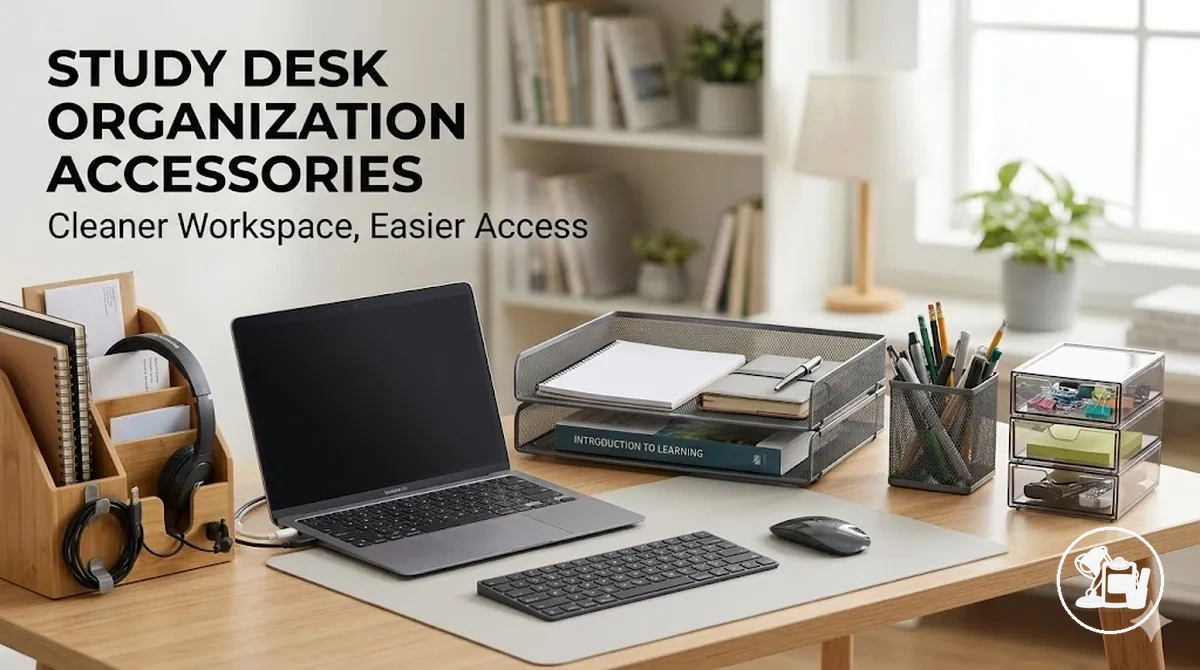 Study desk organization accessories arranged to reduce clutter and keep supplies accessible