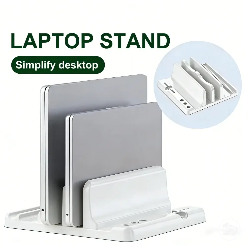 Adjustable vertical laptop stand for saving desktop space