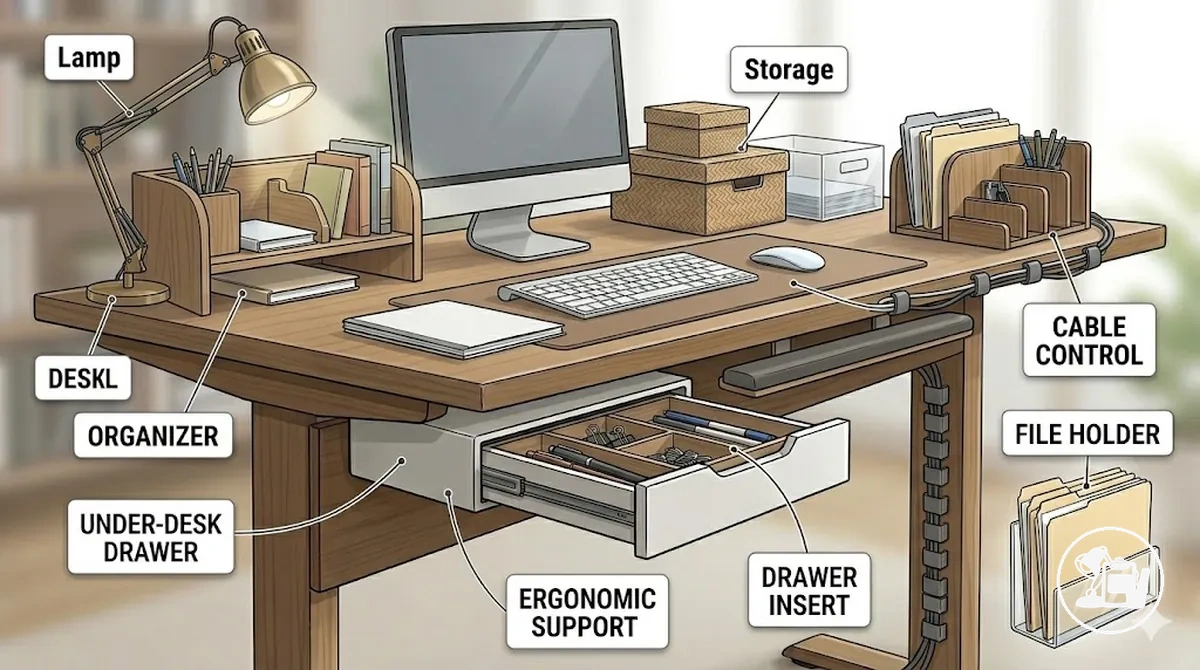 Study desk accessory scope showing organizer, lamp, storage, and cable control items.
