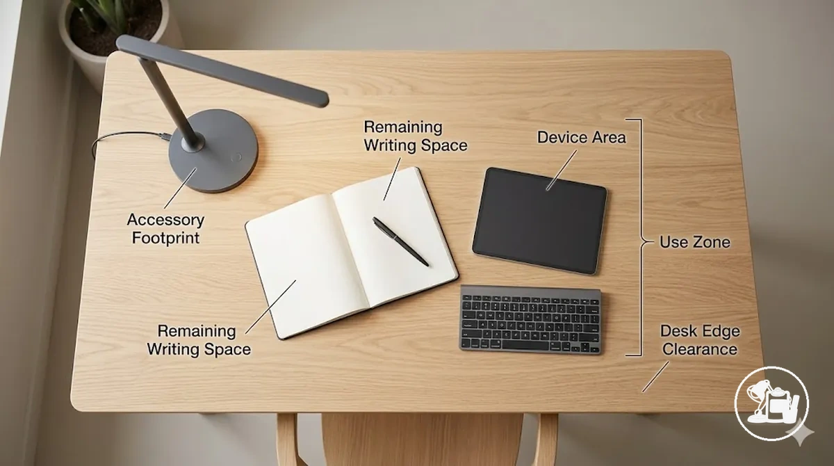 Desk surface showing accessory footprint and remaining working area.