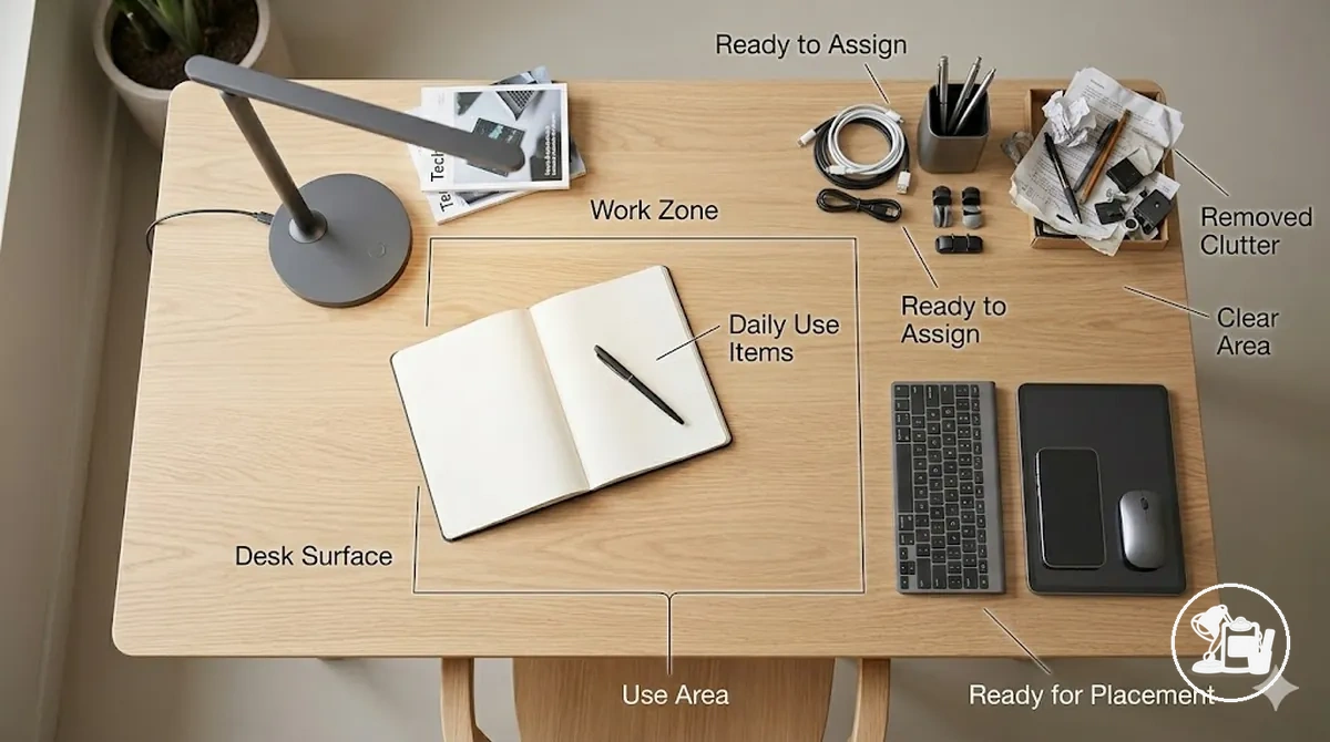 Organized desk surface with study desk accessories ready for placement and clear work area