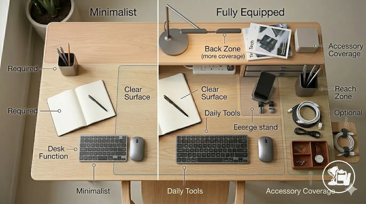 Comparison illustrating what counts as minimalist and fully equipped desk accessories, highlighting required and optional accessories, desk function, and accessory coverage