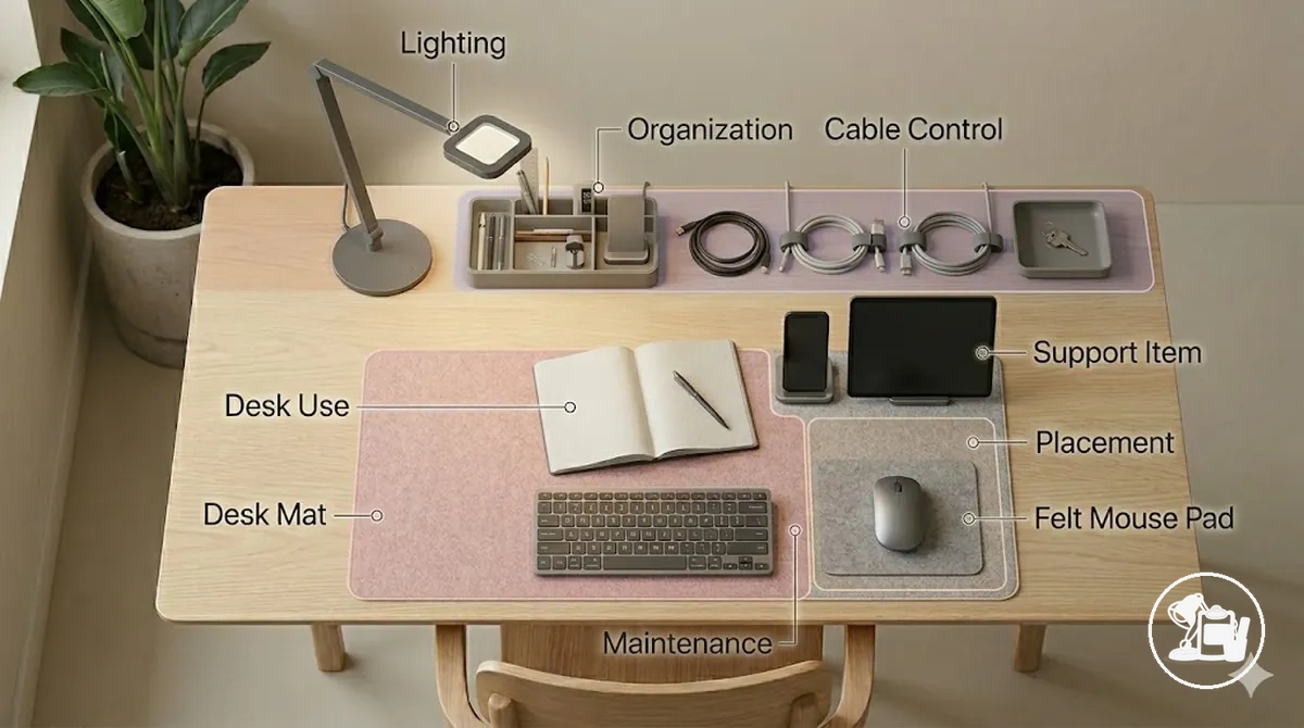 Study desk accessories arranged to show roles in organization, cable control, and lighting