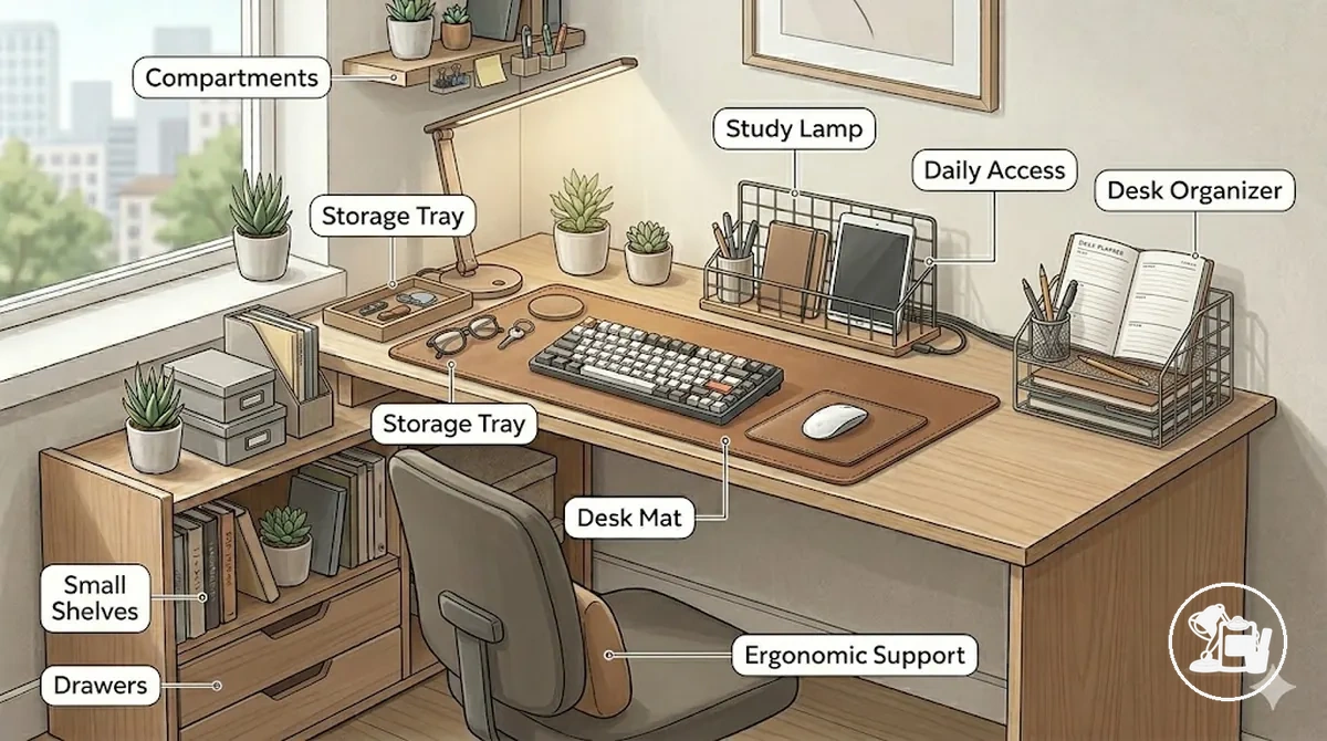 Study desk organization and storage solutions arranged by access frequency.