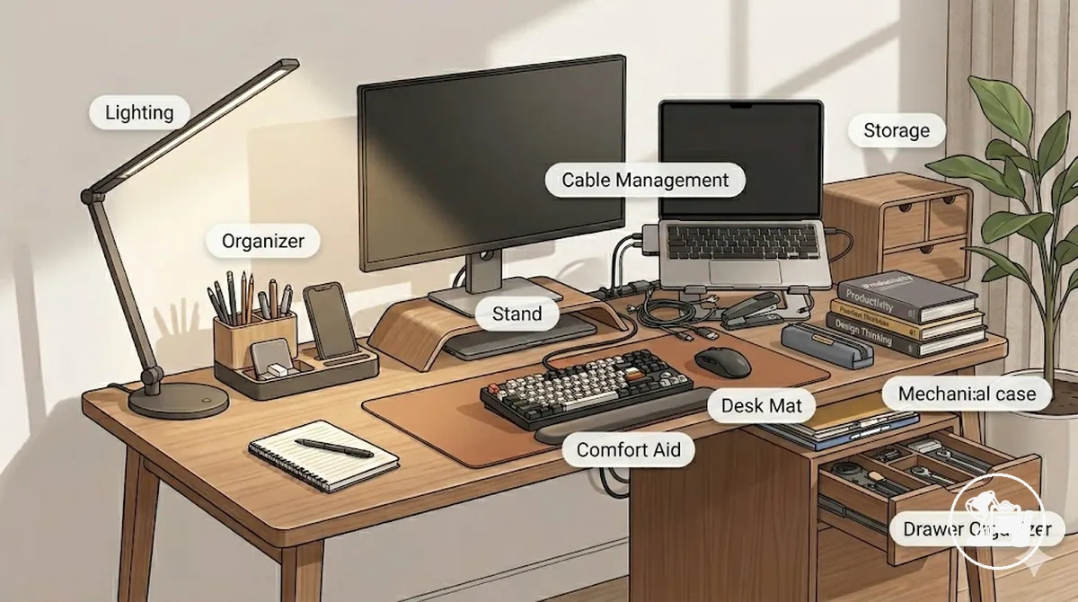Desk showing useful accessories organizing supplies, managing cables, and improving lighting