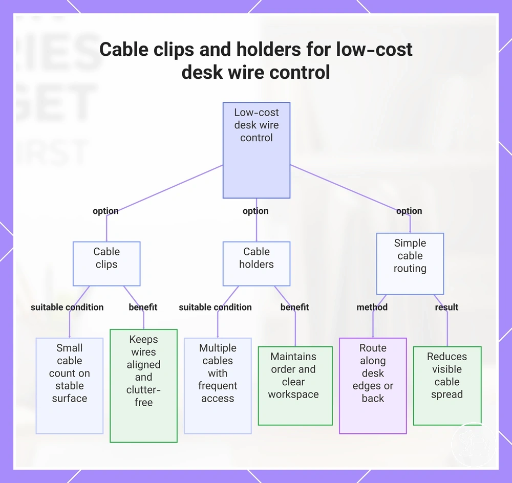 Cable clips and holders for low-cost desk wire control