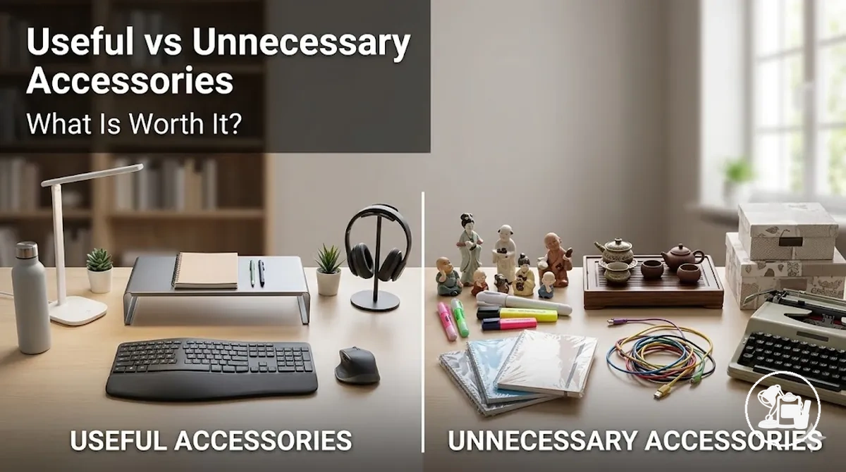 Useful and unnecessary study desk accessories compared on a clean desktop layout