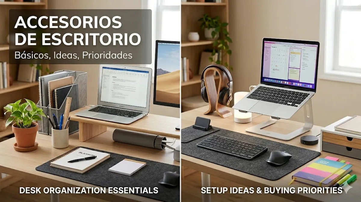 Accesorios para escritorio de estudio organizados para un espacio limpio y práctico