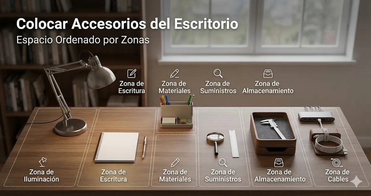 Accesorios para escritorio de estudio colocados por zonas para un espacio limpio y fácil de usar
