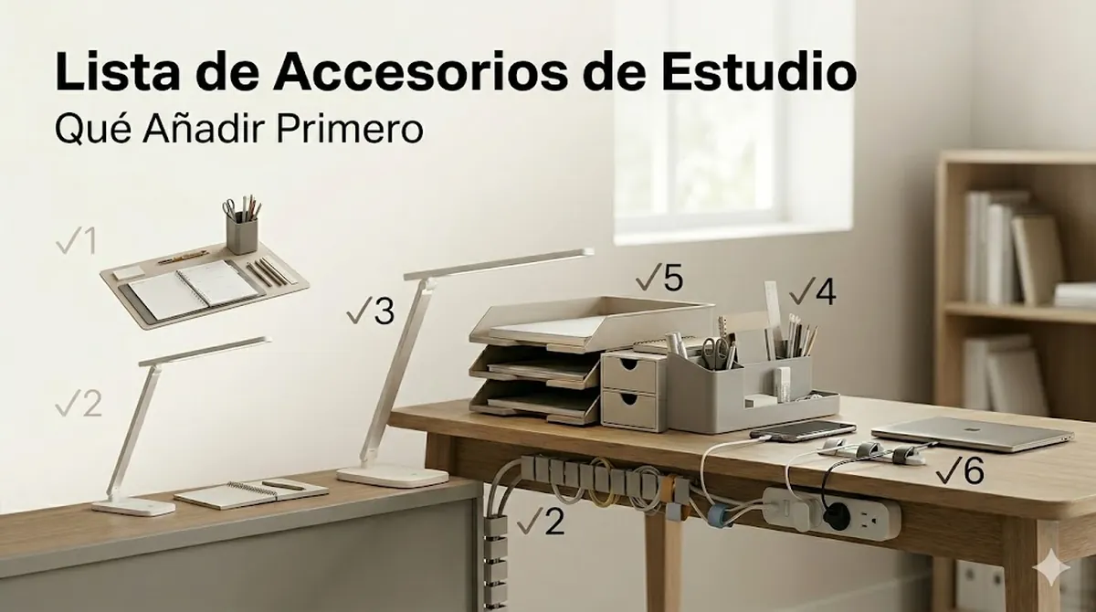 Lista visual de accesorios para escritorio de estudio ordenados por prioridad para crear un espacio práctico