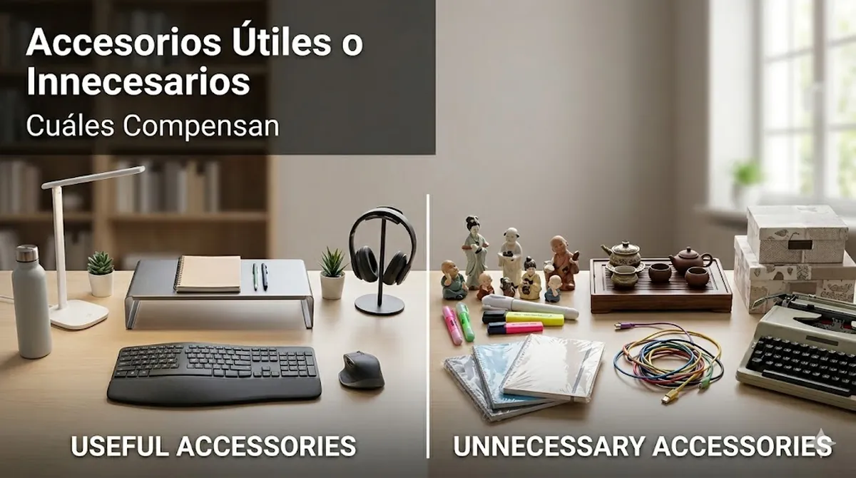 Comparación de accesorios útiles e innecesarios para escritorio de estudio sobre un escritorio ordenado
