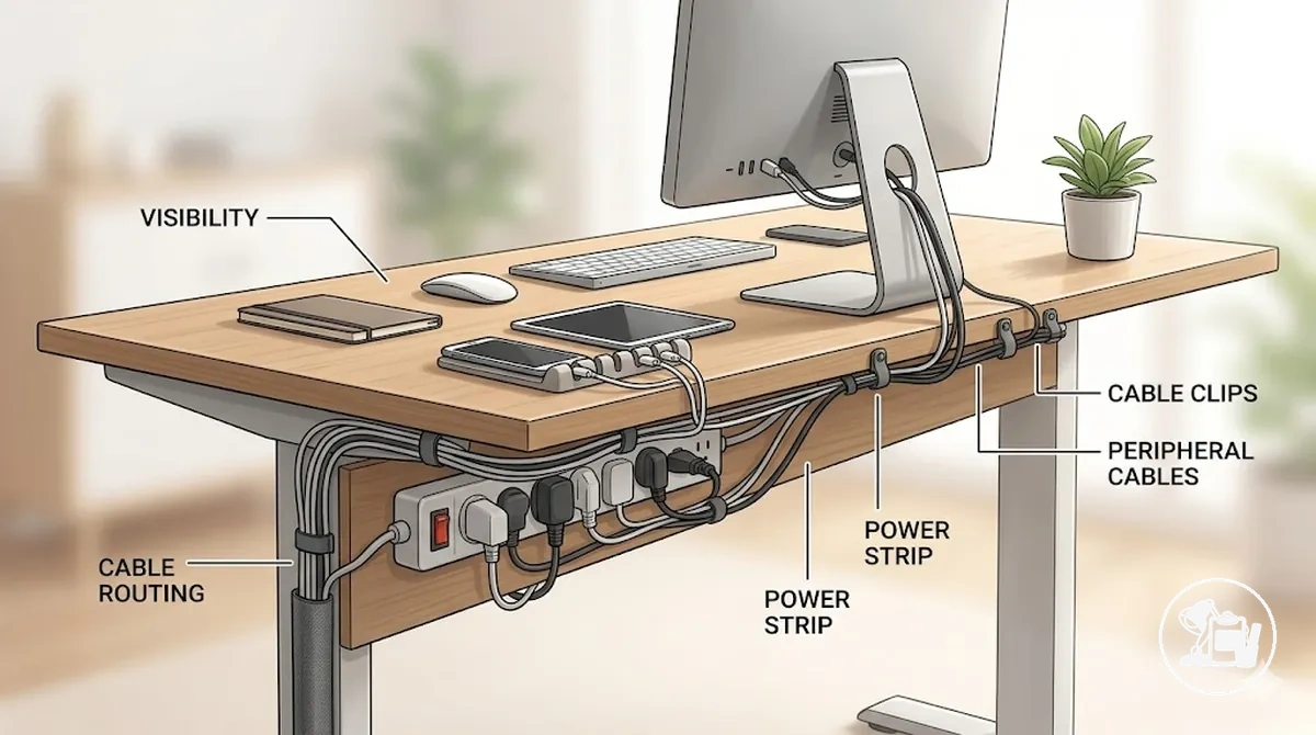 Descripción general de la gestión de cables del escritorio que muestra el encaminamiento, la agrupación y las áreas de organización de cables