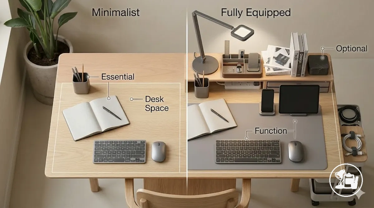Ilustración que muestra los cambios en el alcance de accesorios entre configuraciones minimalistas y completas de escritorio de estudio con organizador, lámpara, alfombrilla, control de cables, almacenamiento, soporte y apoyo para escritura