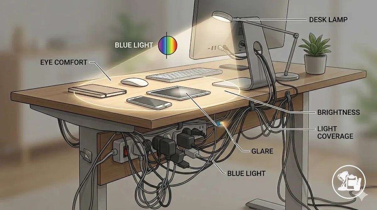 Colocación adecuada de la lámpara de escritorio que muestra brillo, deslumbramiento y confort visual