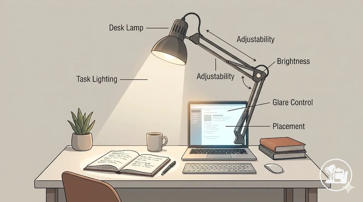 Iluminación esencial para escritorio de estudio con una lámpara ajustable colocada para leer y escribir.