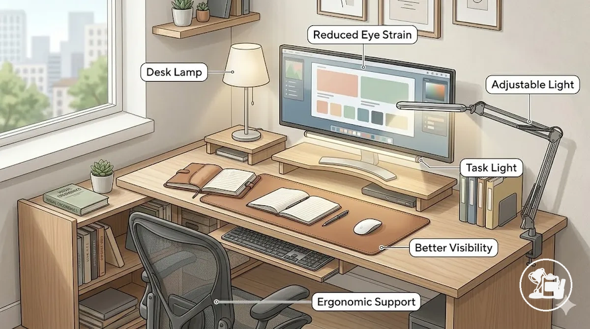 Accesorios de iluminación y apoyo al trabajo en un escritorio de estudio