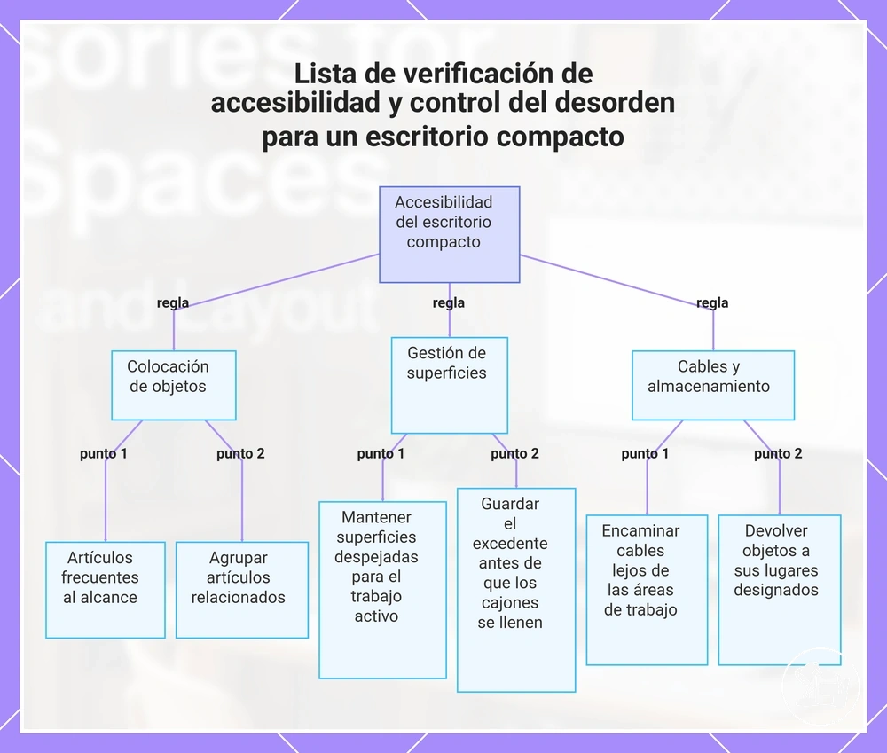 Lista de verificación de accesibilidad y control del desorden para un escritorio compacto