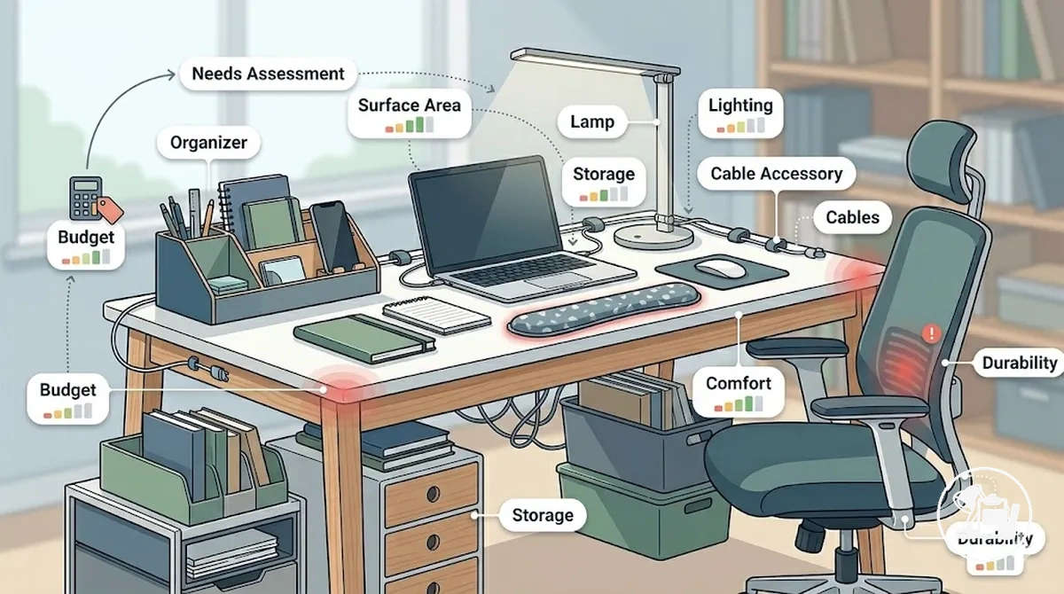 escritorio de estudio que muestra prioridades de selección de accesorios según las necesidades del espacio de trabajo