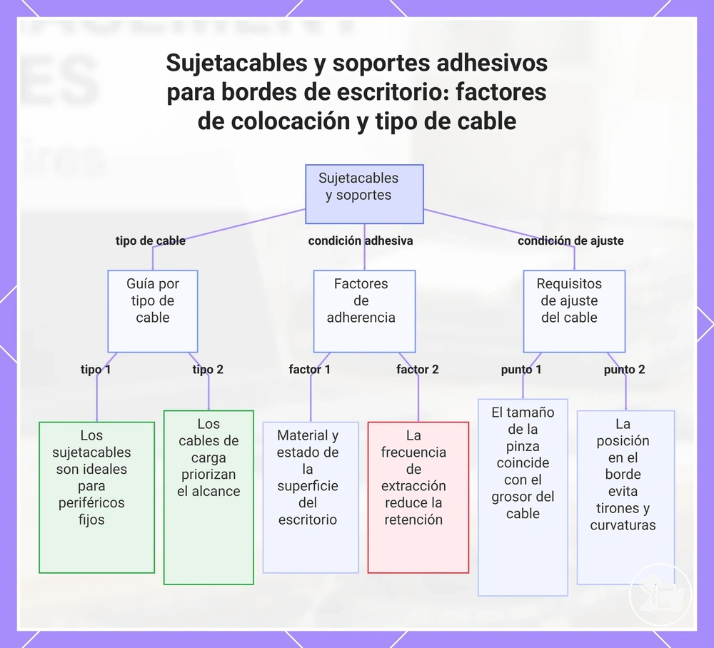 Sujetacables y soportes adhesivos para bordes de escritorio: factores de colocación y tipo de cable