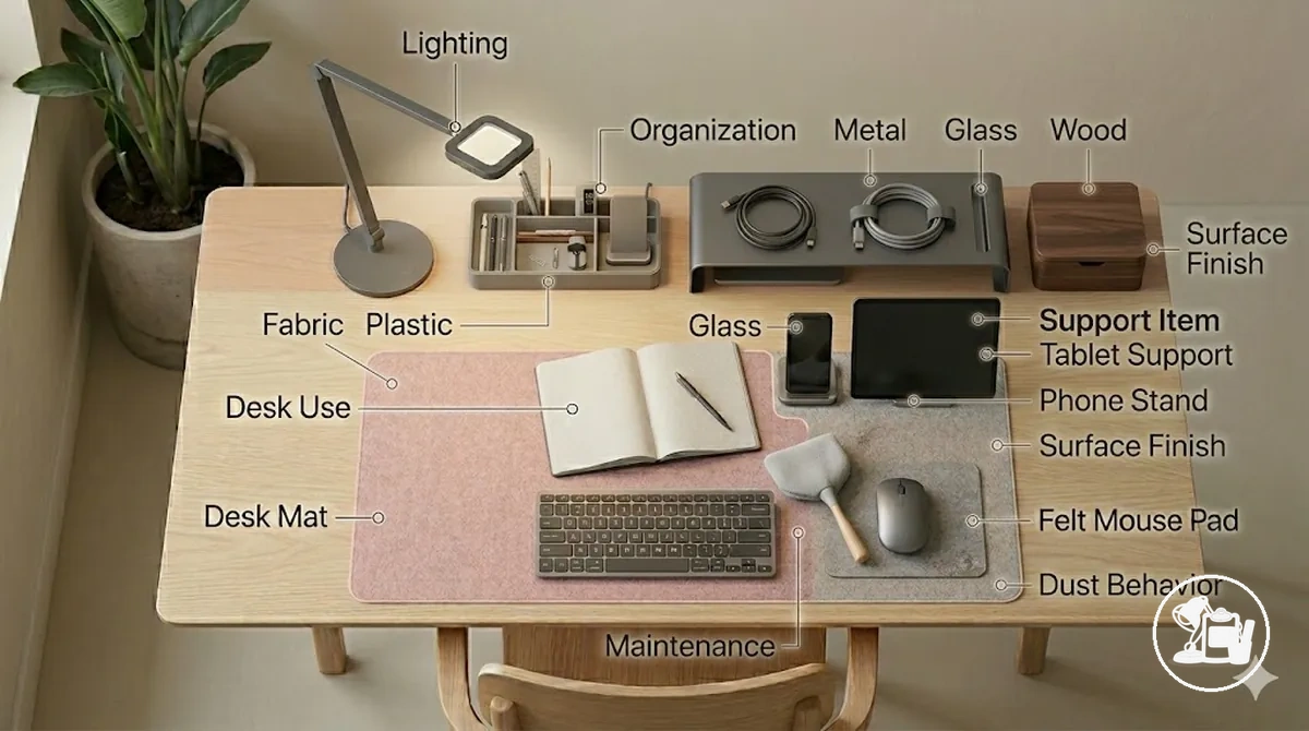 Différents matériaux d’accessoires pour bureau d’étude avec considérations de nettoyage