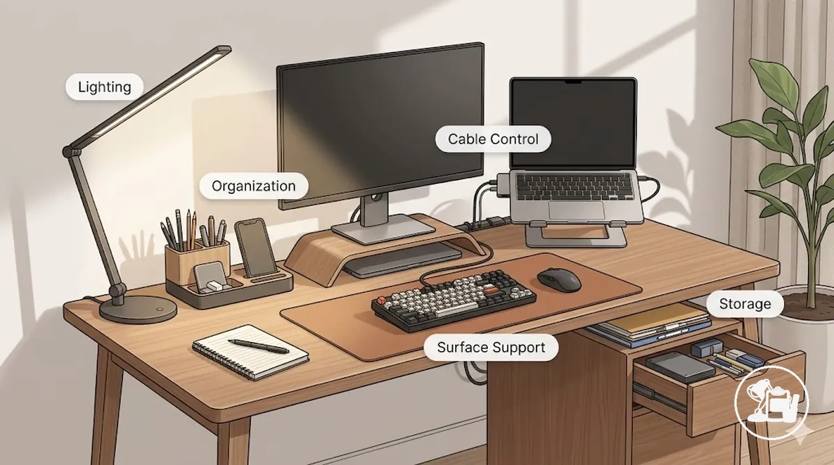 Bureau d’étude annoté mettant en évidence les zones d’éclairage, d’organisation, de rangement, de gestion des câbles et de support de surface