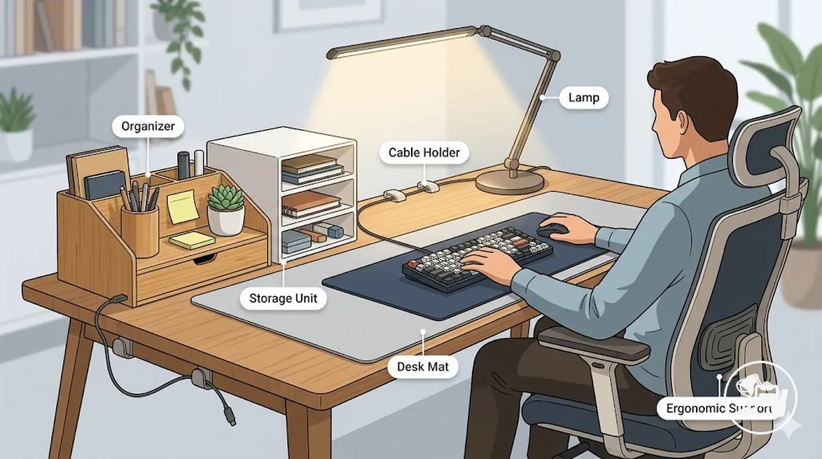 bureau d’étude organisé avec des accessoires fonctionnels pour l’organisation, l’éclairage et la gestion des câbles