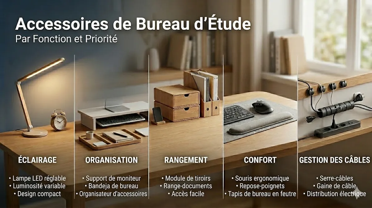 Accessoires essentiels pour bureau d’étude regroupés par éclairage, organisation, rangement, confort et câbles