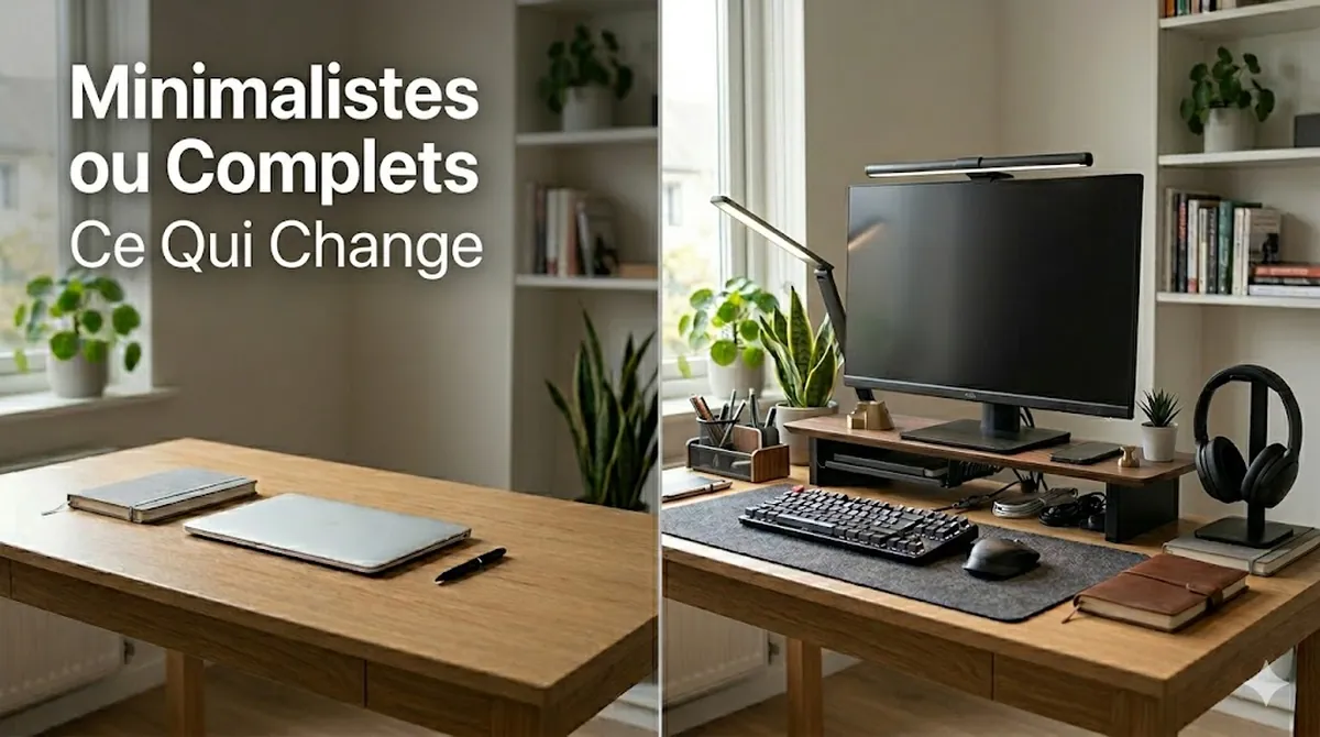 Accessoires minimalistes et accessoires complets pour bureau d’étude comparés dans deux agencements différents