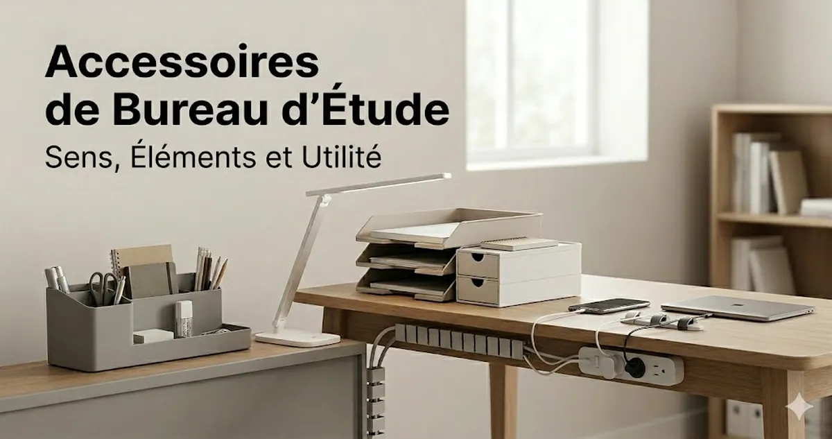 Accessoires de base pour bureau d’étude avec organisateurs, éclairage, rangement et gestion des câbles