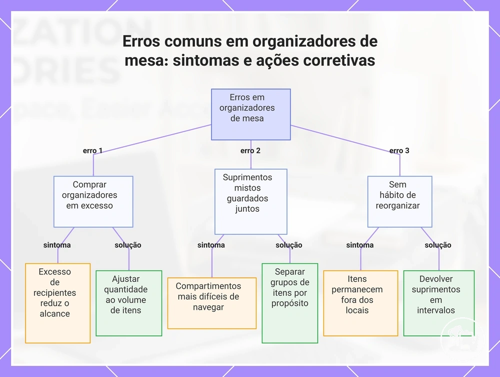 Erros comuns em organizadores de mesa: sintomas e ações corretivas