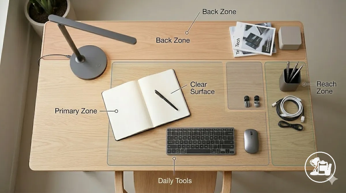 Ilustração de mesa anotada mostrando zona de trabalho primária, zona de alcance e zonas traseira ou laterais com acessórios de mesa agrupados e superfície de trabalho limpa