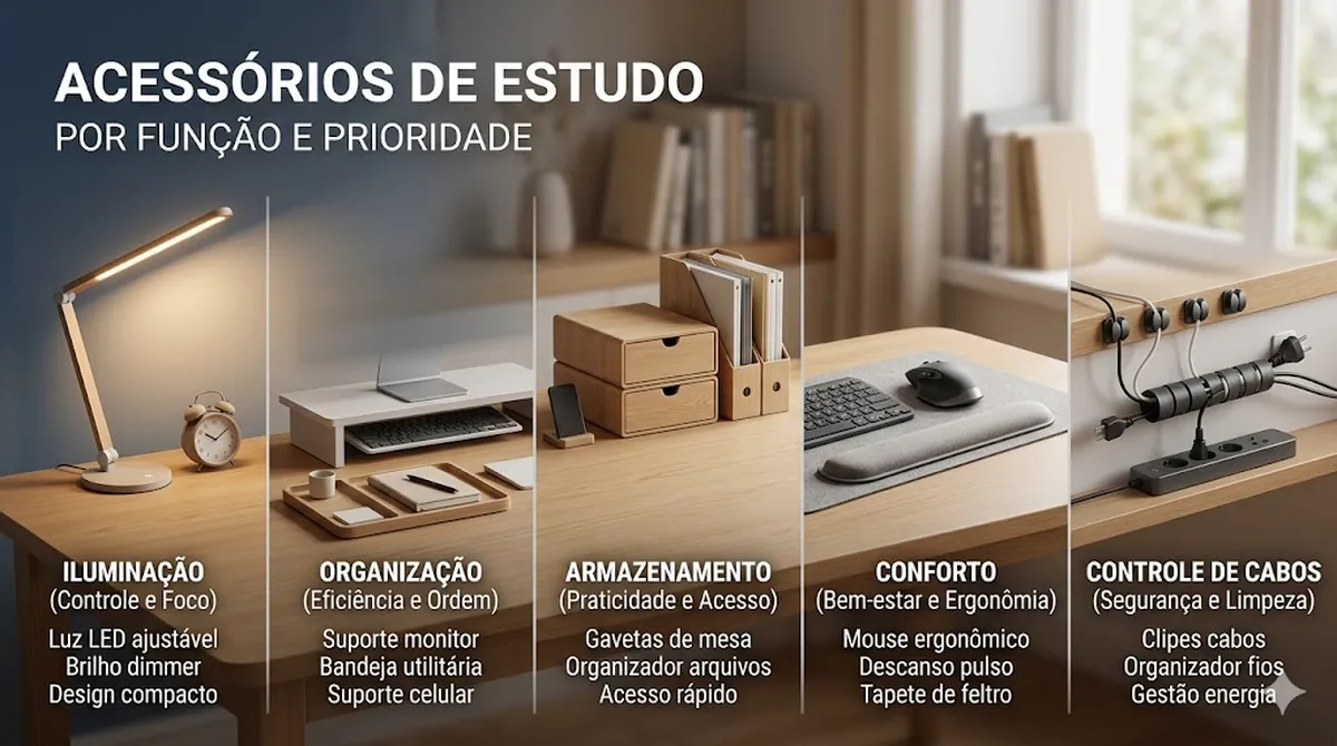 Acessórios essenciais para mesa de estudos agrupados por iluminação, organização, armazenamento, conforto e cabos