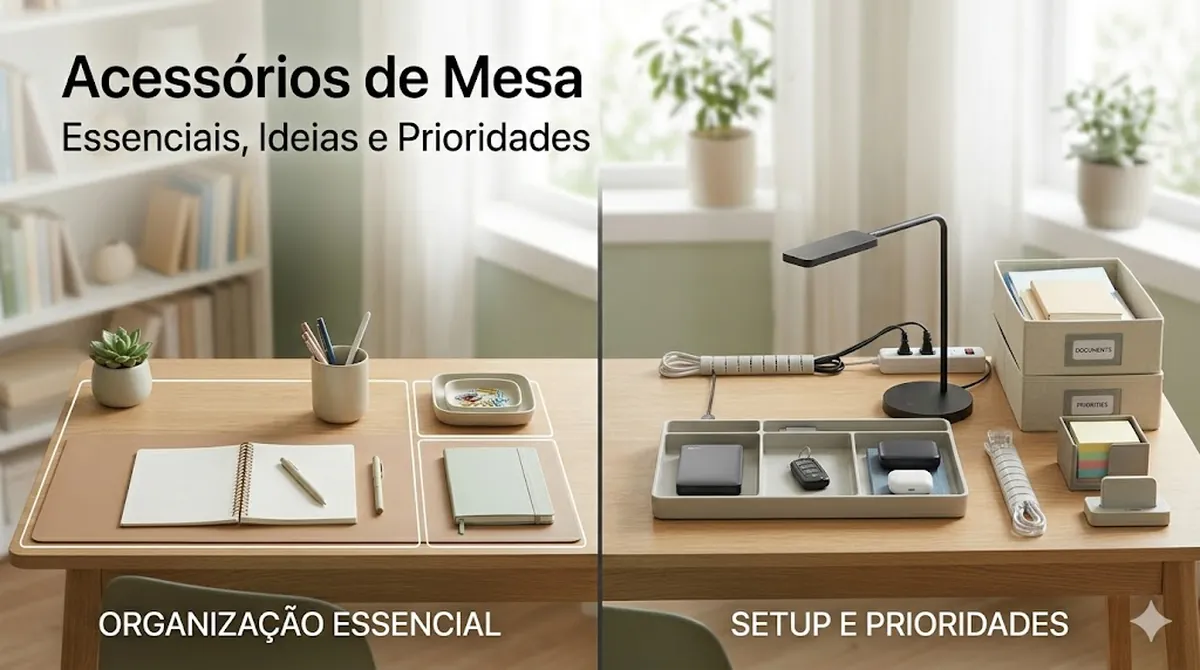 Acessórios para mesa de estudos organizados em um espaço limpo e funcional