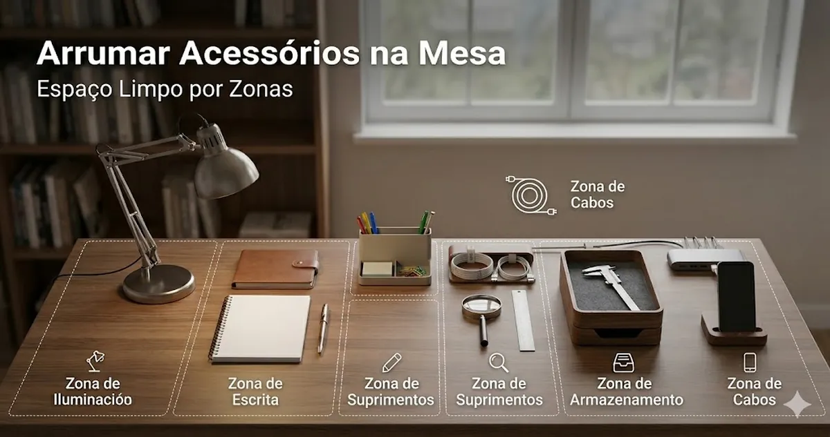 Acessórios para mesa de estudos arrumados por zonas em um espaço limpo e fácil de usar