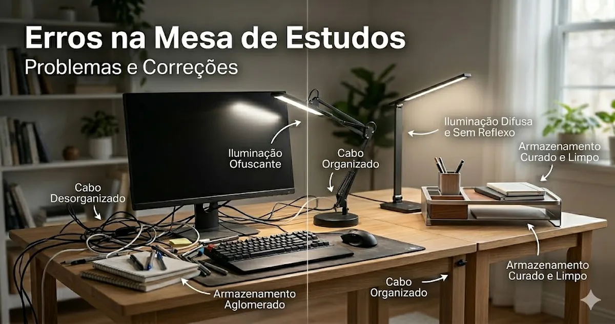 Erros comuns com acessórios de mesa de estudos, como cabos desordenados, iluminação ruim e armazenamento lotado